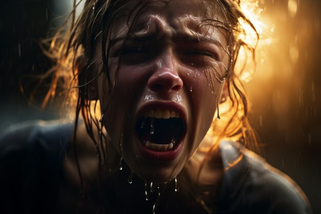 Une femme crie sous la pluie avec la bouche ouverte.