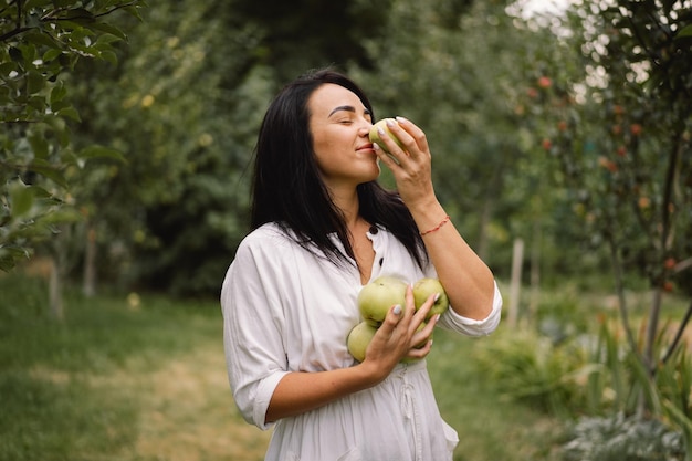 Femme cueillant des pommes dans le jardin traditionnel de la collecte de fruits biologiques