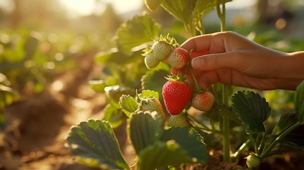 Une femme cueille des fraises dans le jardin.