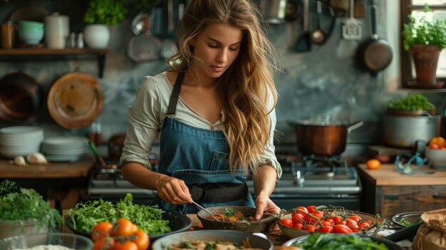 une femme cuisinant dans une cuisine avec un pot de légumes