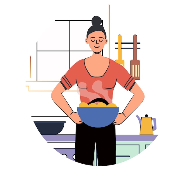 Femme cuisinant un repas sain arrière-plan de la cuisine ustensiles cuisson à la vapeur bol de nourriture