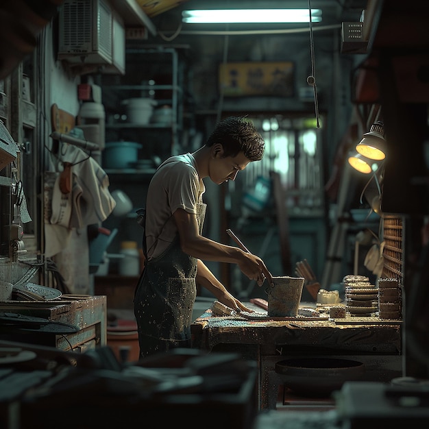 une femme cuisine dans une cuisine avec une lumière sur le plafond