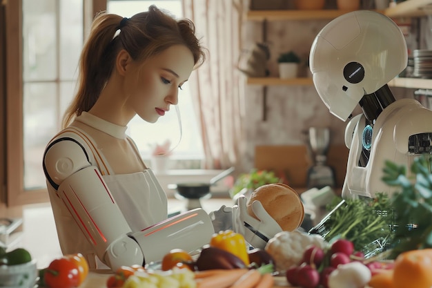 Une femme cuisine dans une cuisine avec un robot.