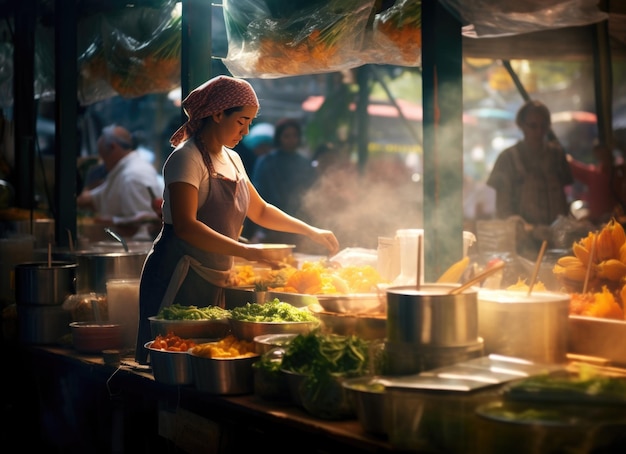 Une femme cuisine dans une grande cuisine