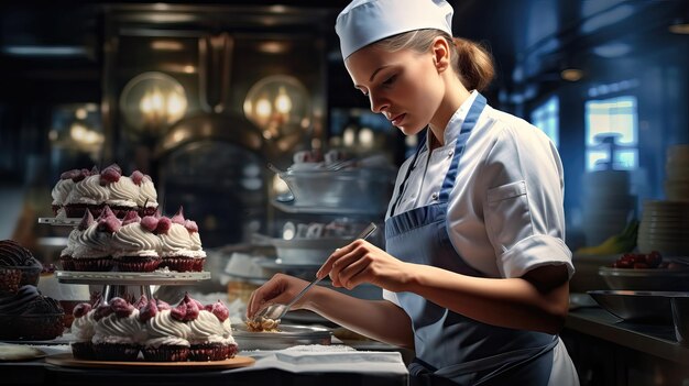 Photo une femme cuisinière dans un tablier et une casquette prépare des gâteaux contre le fond de la cuisine