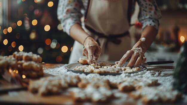 Photo une femme cuit des biscuits de noël dans une cuisine décorée de façon festive avec un éclairage confortable