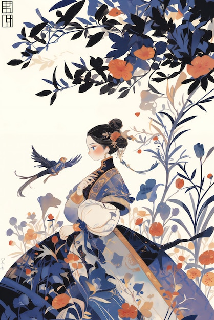 Photo une femme avec une culture asiatique habillée parmi des fleurs oiseau avec un style animé