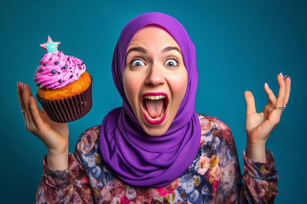 Une femme avec un cupcake rose à la main