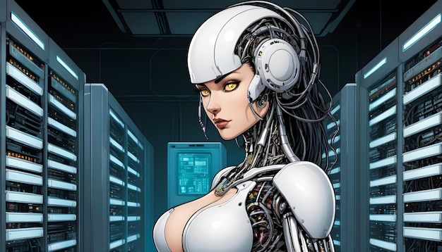 une femme cybernétique dans une salle de serveur Ai représentation de la technologie informatique représentation de dessin animé