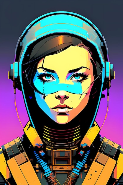 Une femme cyberpunk aux cheveux bleus et un casque futuriste sur la tête regarde la caméra Anime girl avec un casque cyberpunk steampunk scifi fantasy style AI