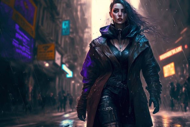 Femme Cyberpunk dans la rue futuriste Illustration de l'IA générative