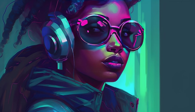 Une femme cyberpunk avec des écouteurs et un fond vert fluo