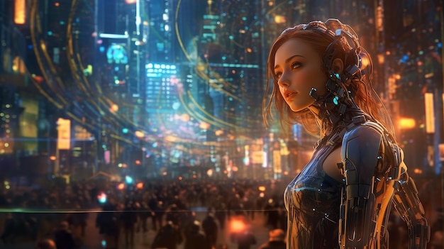 Femme cyborg dans la ville du futur