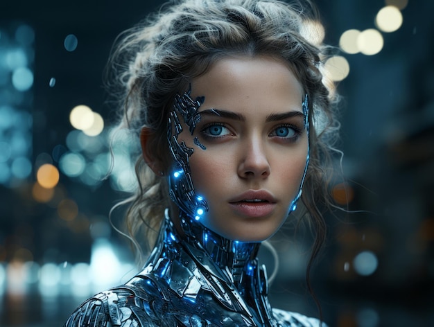 Photo une femme cyborg sur le fond d'une ville nocturne.