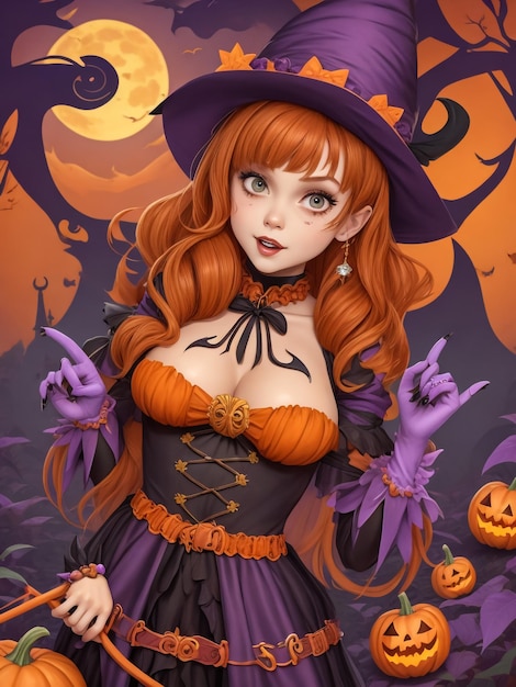 Femme dangereuse portant un costume noir et un maquillage d'Halloween tenant une citrouille sculptée isolée sur un cri