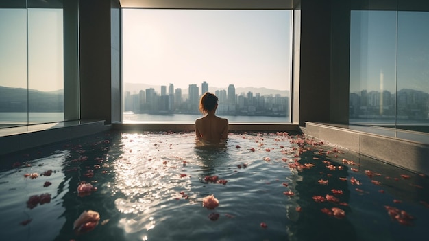 Une femme dans une baignoire avec vue sur les toits de la ville.