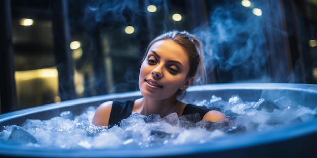 Photo femme dans un bain de cubes de glace ia générative