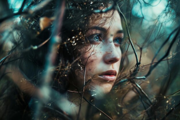 Photo une femme dans les bois avec les yeux fermés