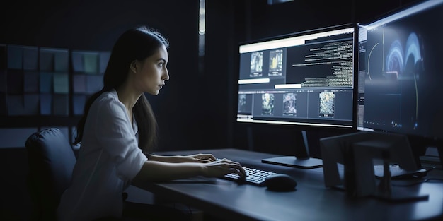 Femme dans un bureau à l'aide d'un ordinateur consommant du contenu vidéo du monde futuriste
