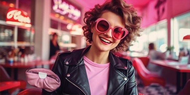 Femme dans un café rétro vintage des années 50, assise à table en veste de cuir noir portant des lunettes de soleil roses