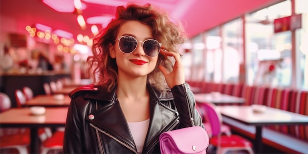 Femme dans un café rétro vintage des années 50, assise à table en veste de cuir noir portant des lunettes de soleil roses