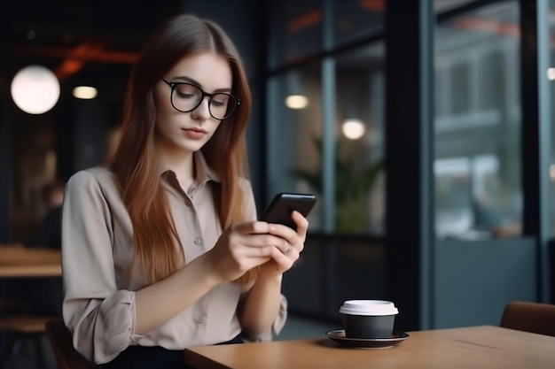 Une femme dans un café utilise un smartphone.