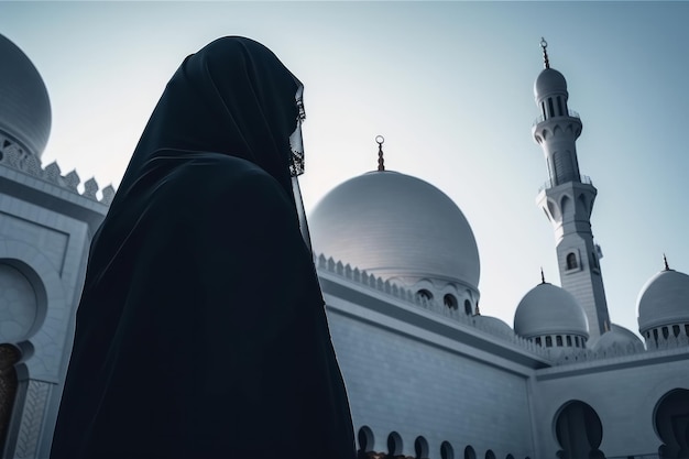 Femme dans le capot noir visitant la Grande Mosquée d'Abu Dhabi United Arab