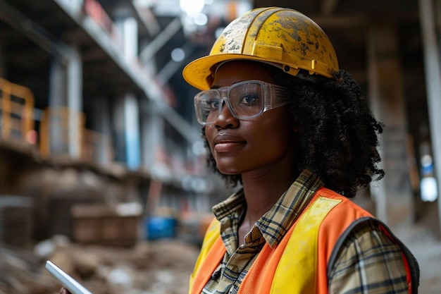 Photo une femme dans un casque et des lunettes de sécurité tenant un téléphone portable