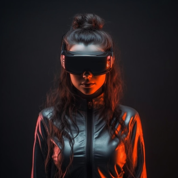 Femme dans un casque de réalité virtuelle aux couleurs fluo AI générative