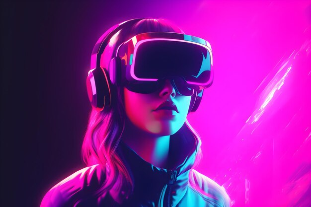 Une femme dans un casque de réalité virtuelle sur fond violet avec des néons