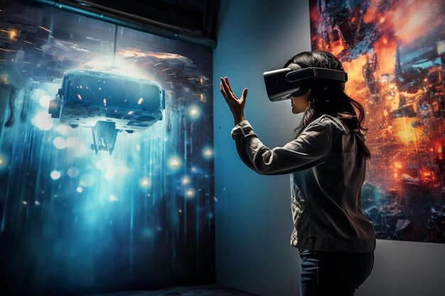 Une femme dans un casque de réalité virtuelle se tient devant un mur avec un vaisseau spatial en arrière-plan.