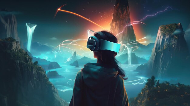 Une femme dans un casque vr regarde un paysage de montagne.