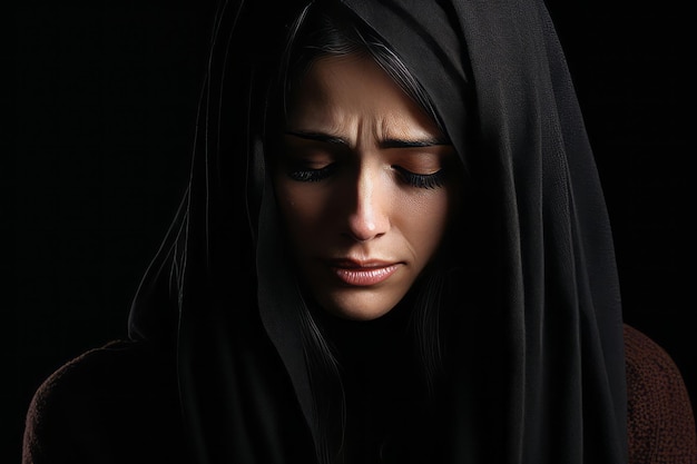 une femme dans un châle noir regarde vers le bas