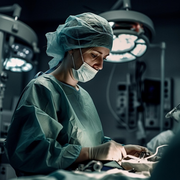 Une femme dans une chambre d'hôpital avec un masque et un chapeau.