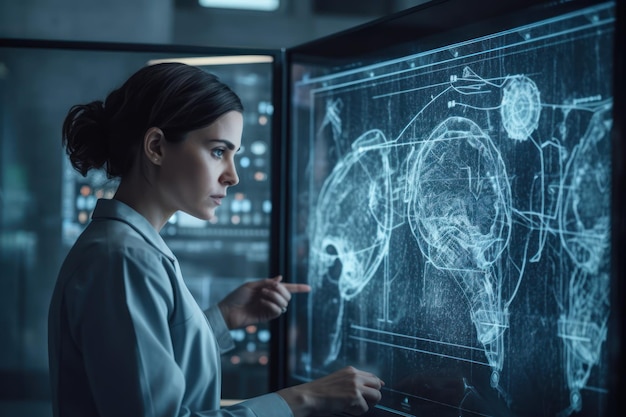 Une femme dans une chambre d'hôpital pointe un moniteur avec un scanner cérébral dessus.