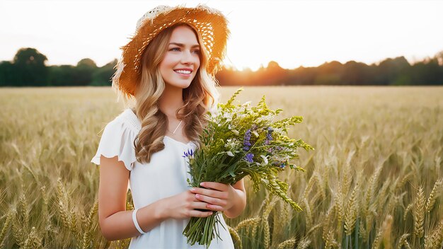 une femme dans un champ de blé tient un bouquet de fleurs