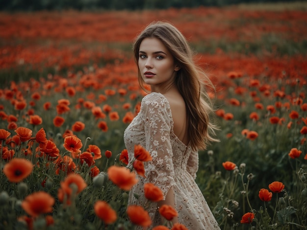 une femme dans un champ de fleurs avec une femme en arrière-plan