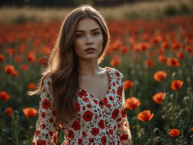 une femme dans un champ de fleurs avec une fleur rouge en arrière-plan