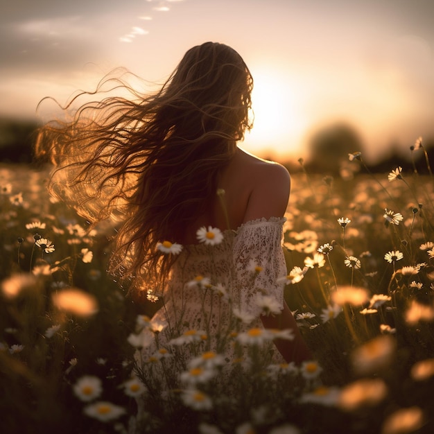 une femme dans un champ de fleurs avec le mot " sur le dos "