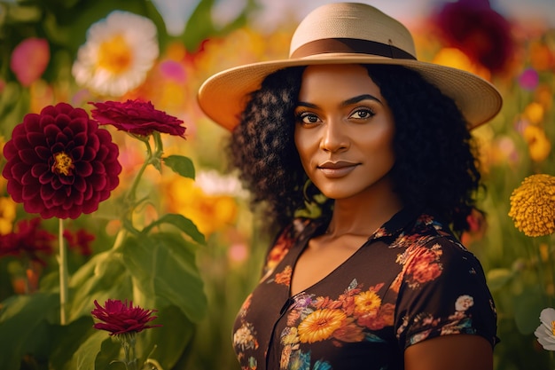 Une femme dans un champ de fleurs portant un chapeau et une robe marron se tient devant un champ de fleurs.