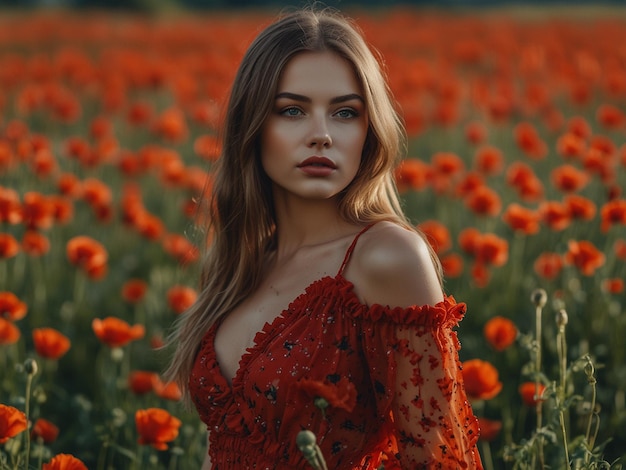 une femme dans un champ de fleurs rouges avec une robe rouge