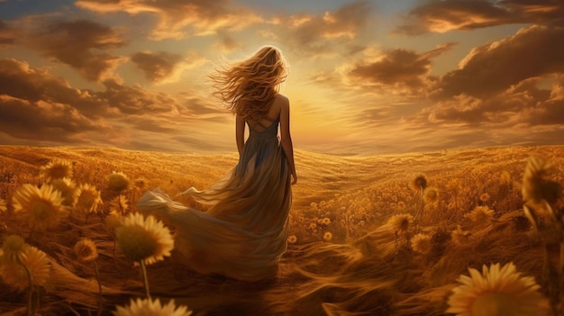 une femme dans un champ de fleurs avec le soleil derrière elle