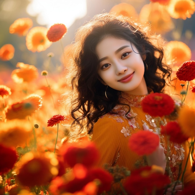 une femme dans un champ de fleurs avec le soleil derrière elle