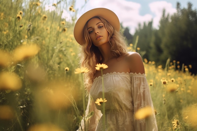 Une femme dans un champ de fleurs