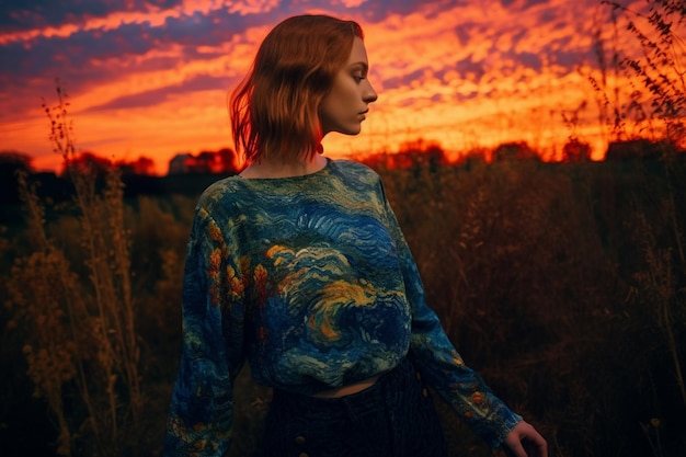 une femme dans un champ d’herbe avec un coucher de soleil en arrière-plan.