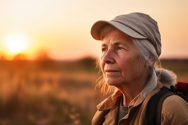 Une femme dans un champ regardant le soleil