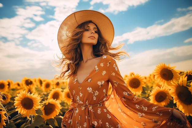 une femme dans un champ de tournesols