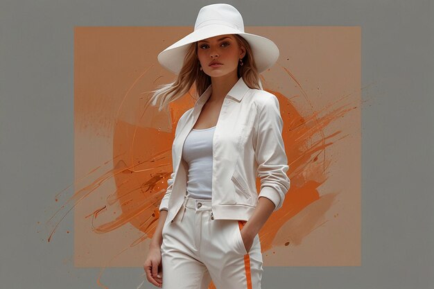 une femme dans un chapeau blanc et un pantalon blanc se tient devant un fond orange