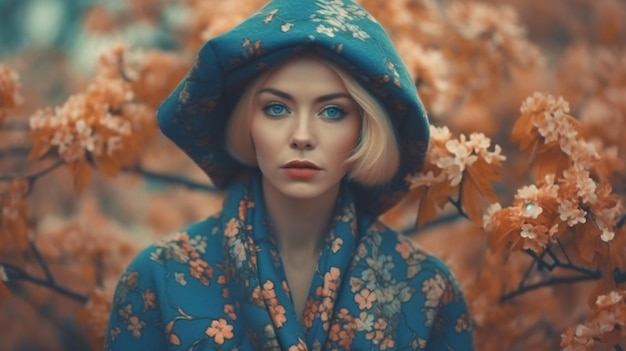 Une femme dans un chapeau bleu avec un motif fleuri sur la tête