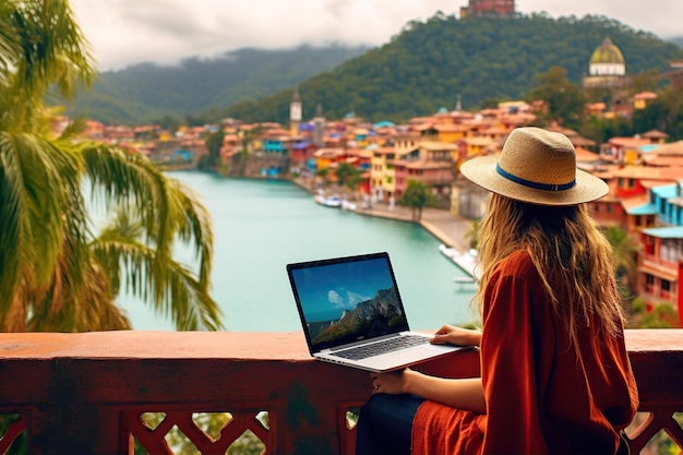 une femme dans un chapeau et un chapeau assis sur un balcon avec un ordinateur portable